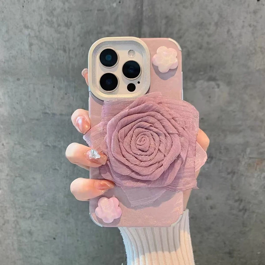 패브릭 로즈 폰 케이스 아이폰 16 15 14 13 프로 12 11 맥스 16프로맥스 스테레오 장식 폰 케이스 우아한 15프로 커버 하드 쉘