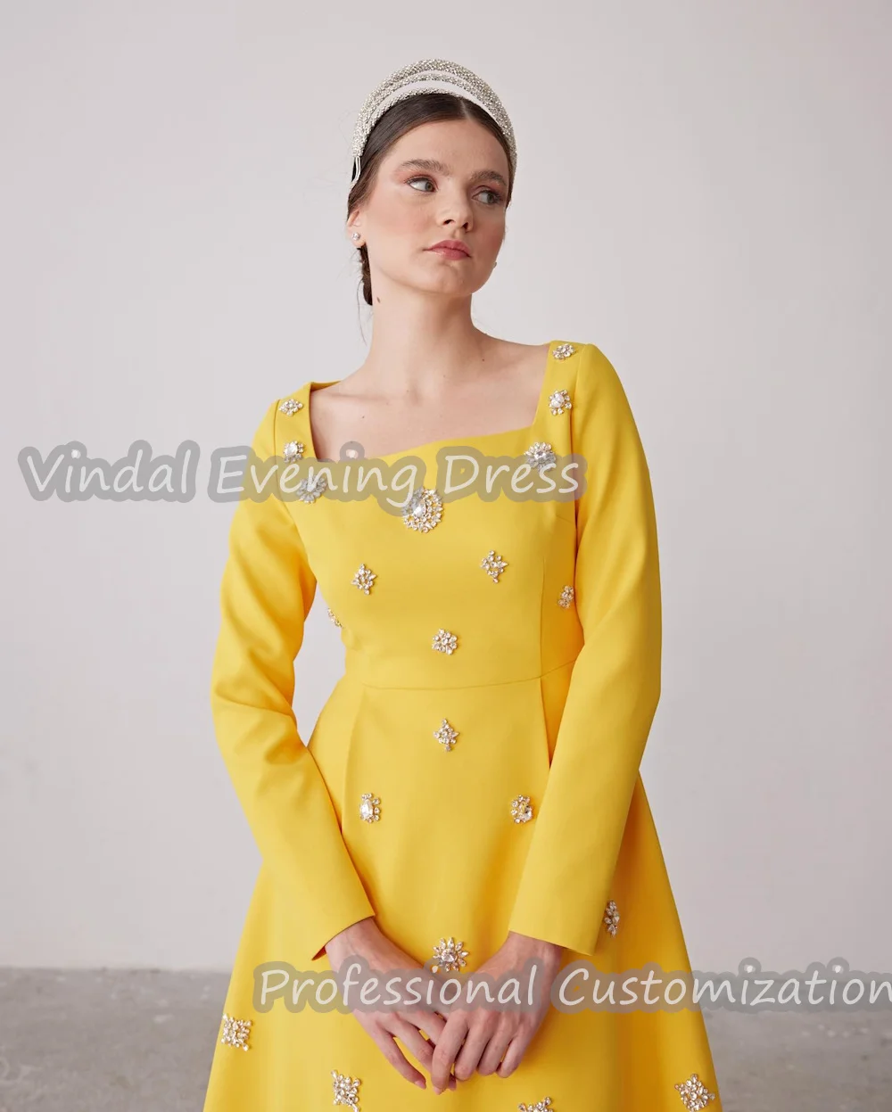 Vindal prom Dress A-Line Square Neckline Tea Length luxurious Crepe Beads Built-in Bra Elegant Long Sleeves Saudi For Woman 2024