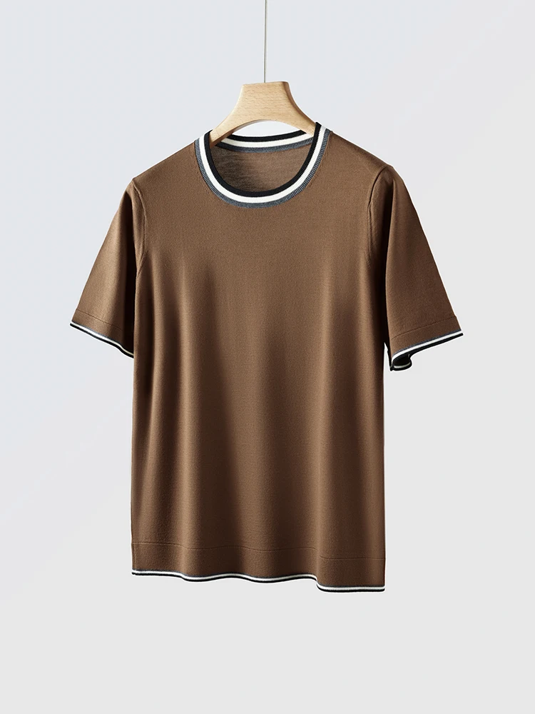 100% Merino Wool Men O-neck Sweater Short Sleeve Pullovers Spring Summer Color Block Smart Casual Cashmere T-shirt Knitwear Tops