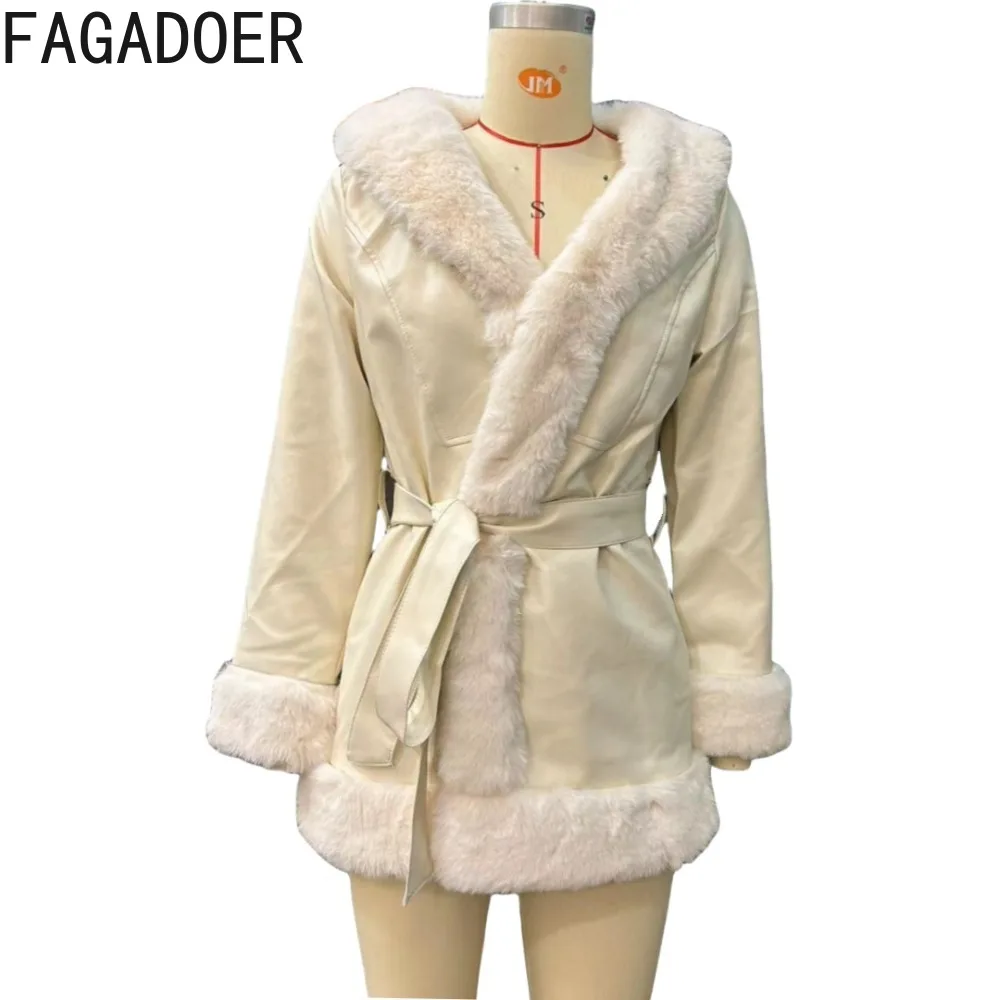 FAGADOER-abrigos de cuero para mujer, Parka corta con cuello de retales de piel de manga larga, cárdigan cálido con cinturón, ropa de calle, invierno, nuevo