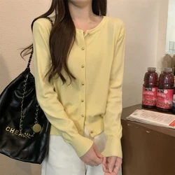 Tender Yellow Round Neck Long Sleeved Knitted Cardigan Women's Korean Version New Dopamine Versatile Casual Short Jacket