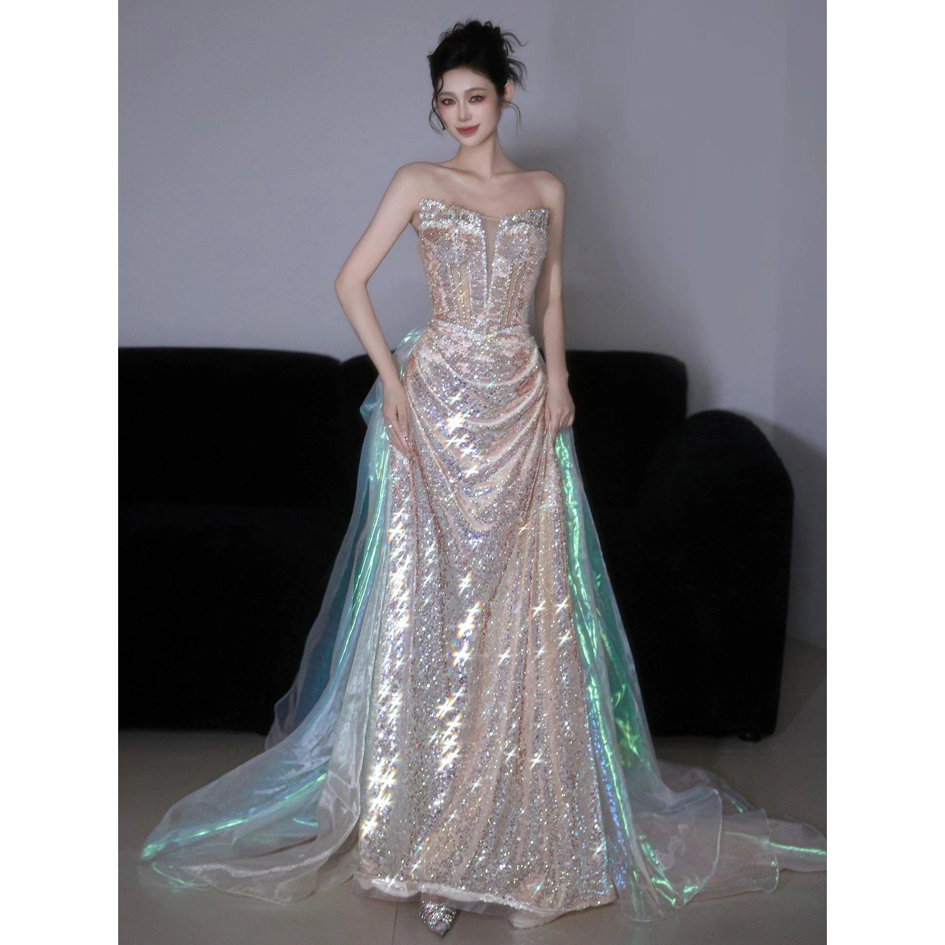 

Shining Sequins Evening Dress Mermaid Prom Dress Strapless Lace-up Back Party Dress