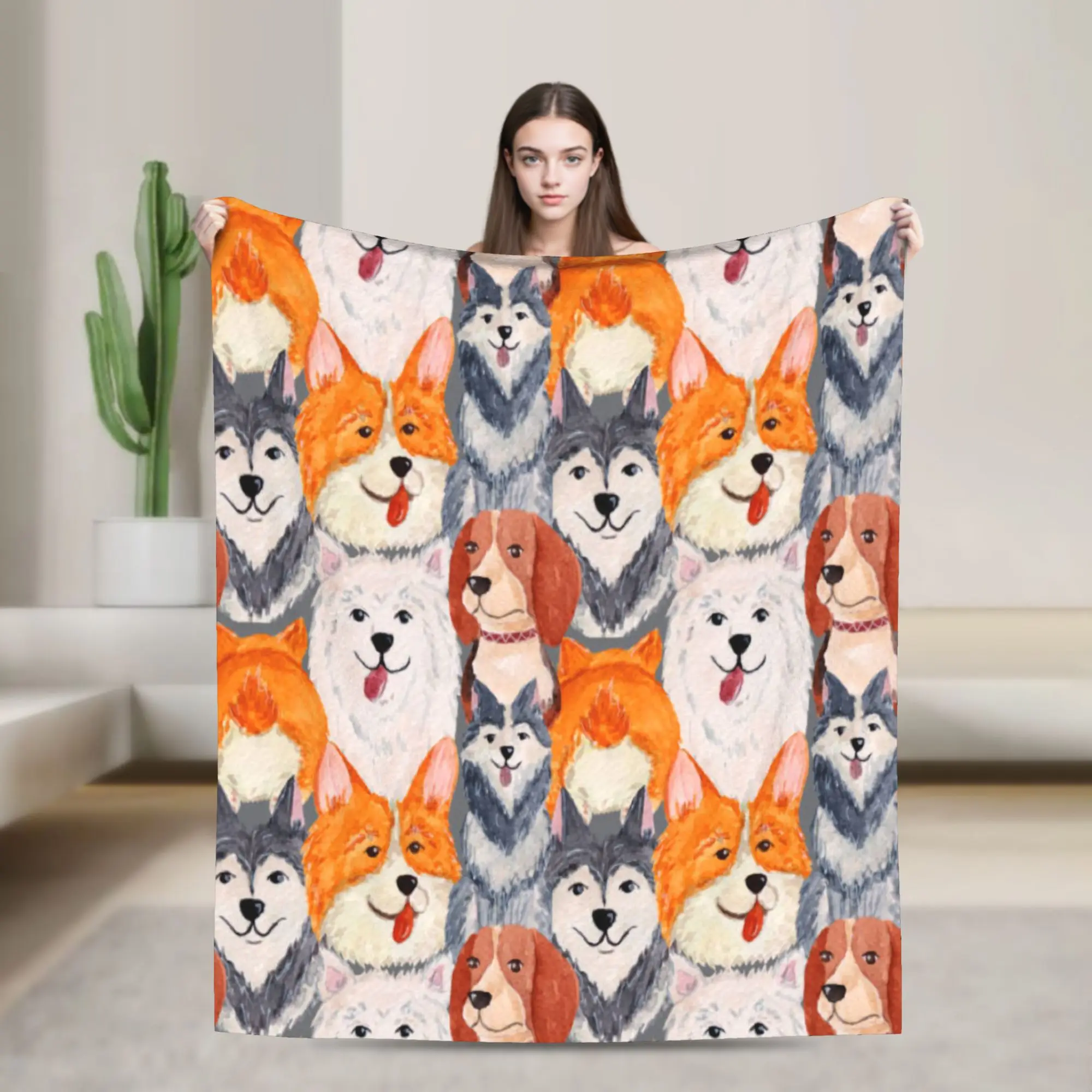 Watercolor With Various Dogs Samoyed Beagle Corgi Animal Blanket Soft Warm Plush Throw Blanket Flannel Bedspread Bed Cover