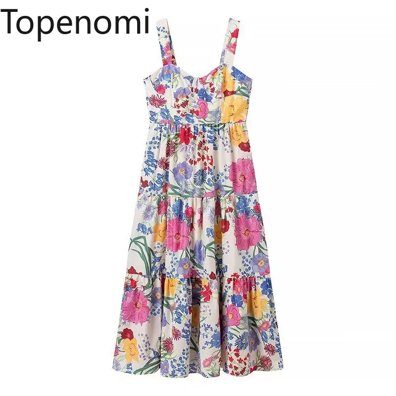 

Topenomi Vintage Floral Print Strap Dress Women Summer Sleeveless High Waist Pleated A-line Long Dresses Elegant Fashion Robes