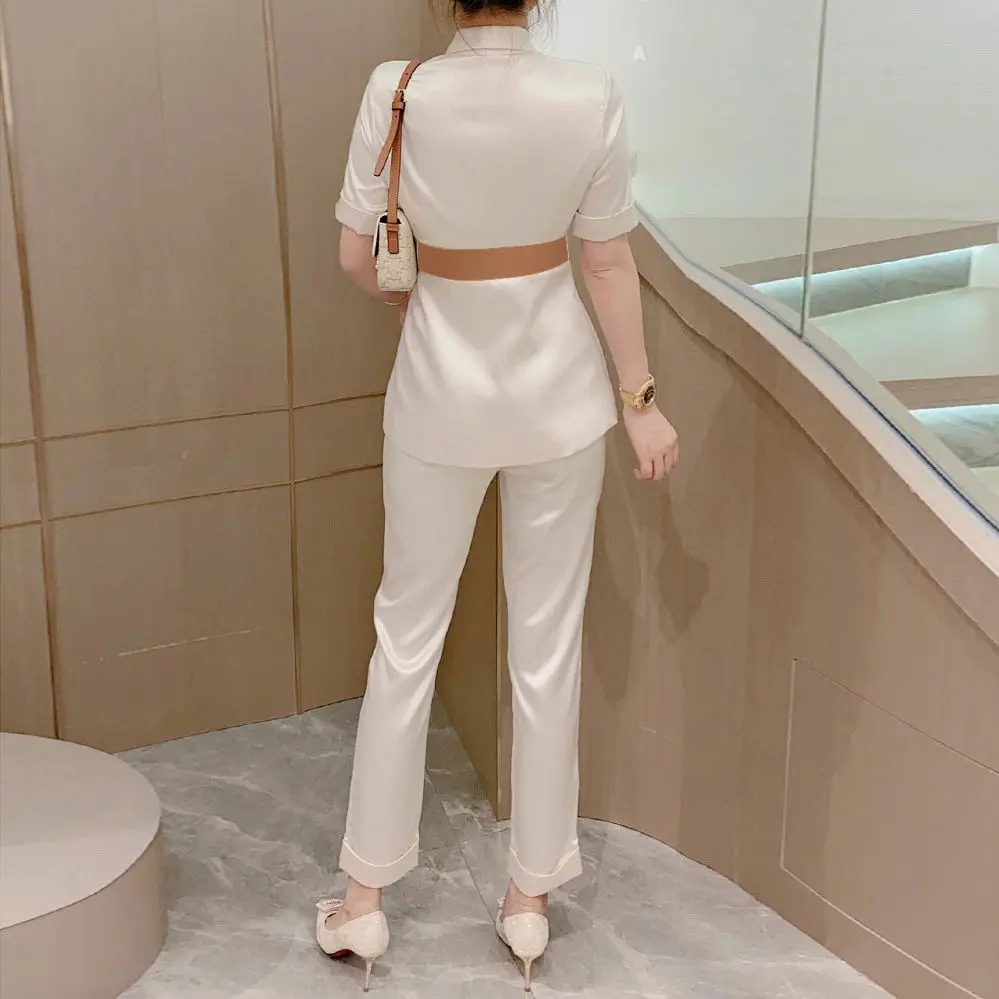 Women's Spring Retro Casual Short-sleeved Satin Blazer Wide-leg Pants Sets French Commuter Waist Blazer Trousers Two-piece Sets