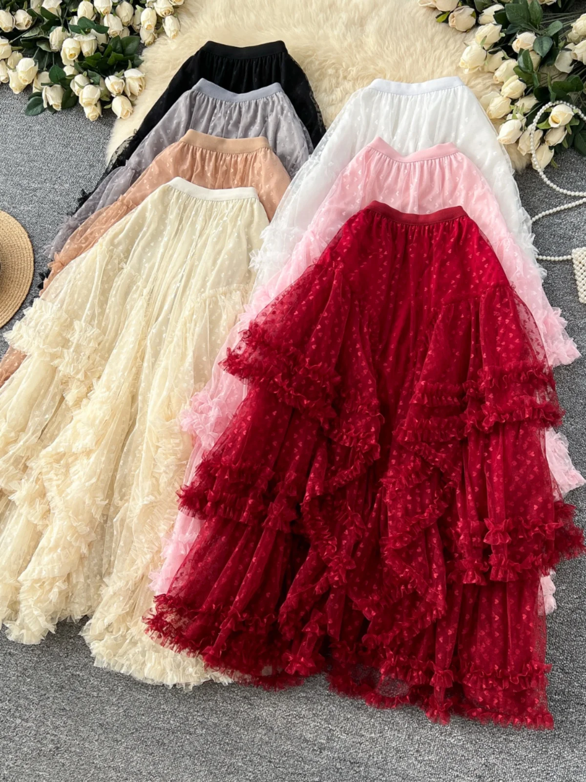 

Ele Fairylike f Skirt with Me Puffy Heart aped Design Irregular High Waist A-Line Korean Sle Spring New Arrivals