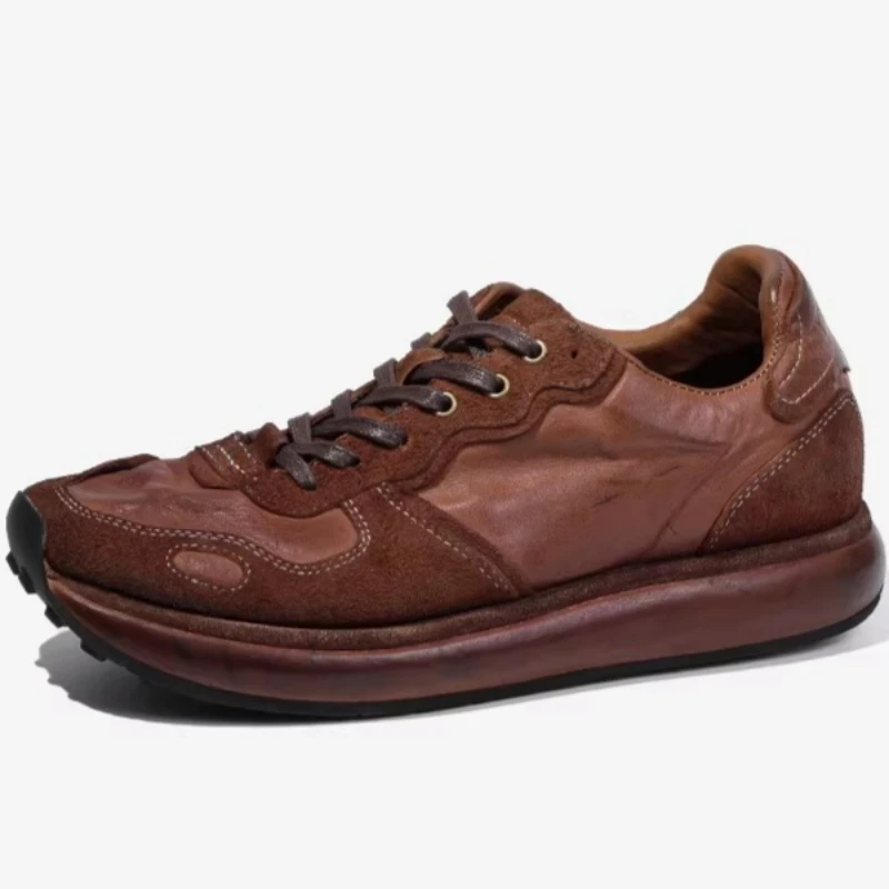 Italian Handmade Shoes for Men's Retro Style Horse Leather Training Shoes Thick Soled Sporty Breathable Casual Horse Skin Shoes