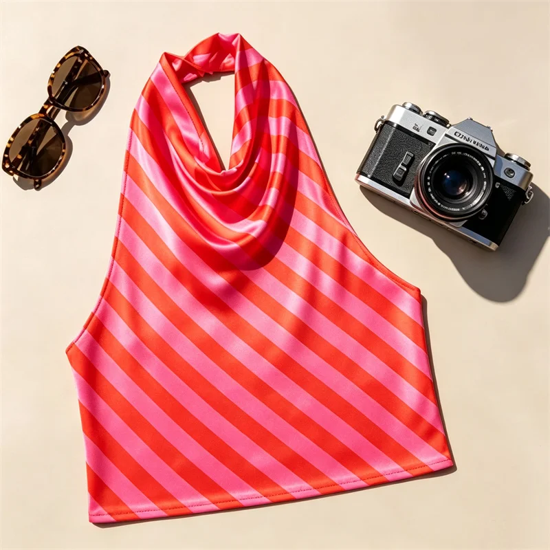 2026 Summer Ladies Cowl Neck Halter Blouse Striped Back Tie Backless Sleeveless Crop Top Daily Beach Party Tank Top