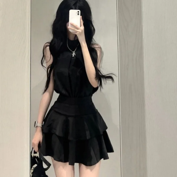 

Sexy Off Shoulder Sleeveless Halter Vest for Women+ Y2k High Waist Ruched Ruffles Skirts 2025 Summer New Two Piece Sets