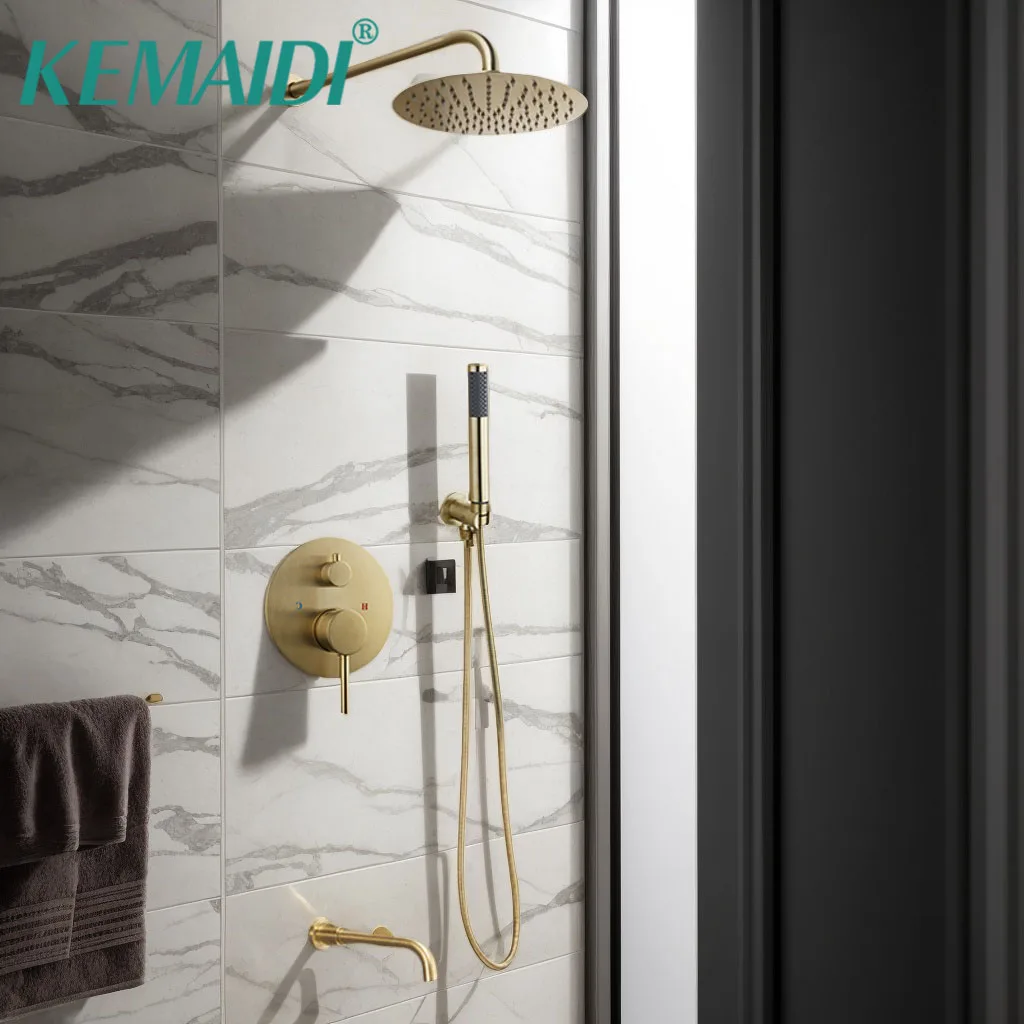 

KEMAIDI Brushed Gold Shower System Bathroom Luxury Wall Mounted Rainfall 3 Ways Handheld Shower Faucet Set Rough-in Valve
