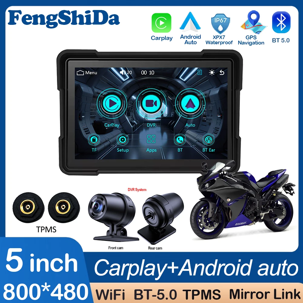 

FengShiDa For Motorcycle Carplay Waterproof 1080P 5 Inch WiFi Wireless Android-Auto DVR Monitor Dash Cam GPS Navigation TPMS