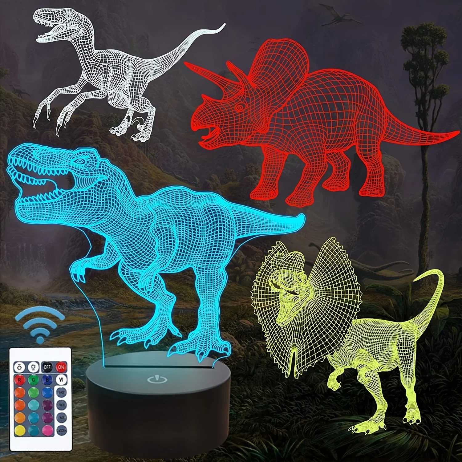 

4pcs T-rex Dinosaur 3D Night Light (4 Patterns) With 1 Base, Remote Control & 16 Colors Changing & Dimmable Function & Gift Wrap