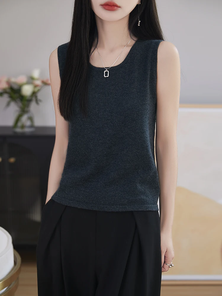 100% de lana merina de alta calidad para mujer, camisetas sin mangas, Jersey de punto suave liso de verano, ropa informal sin mangas para mujer, chaleco de lujo