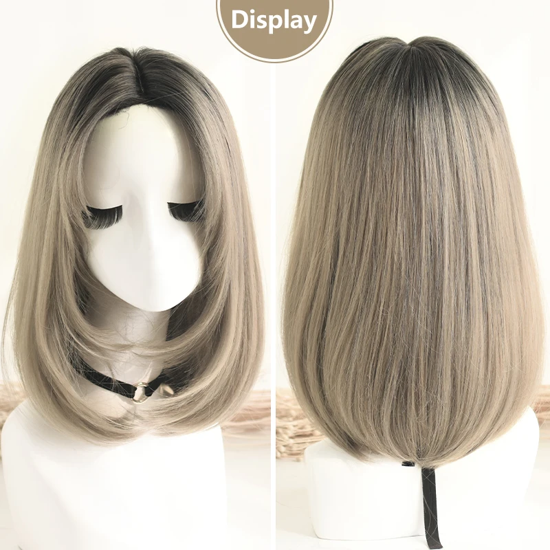 7JHH WIGS Short Straight Layered Bob Wig for Women Daily High Density Synthetic Middle Part Light Brown Hair Wig with Dark Roots