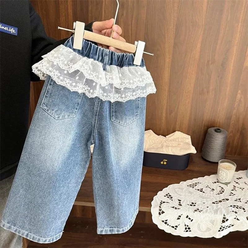 Children's Girls Jeans Princess Lace Splicing Pants 2025 New Girl Spring Fashion Trousers Kids Casual Autumn Clothing 2-10Y