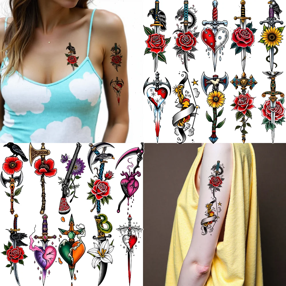 

9 шт., временные татуировки, татуировки с розами, временные татуировки, наклейки, топор, татуировки с бантом, новая школа, традиционные для женщин и взрослых