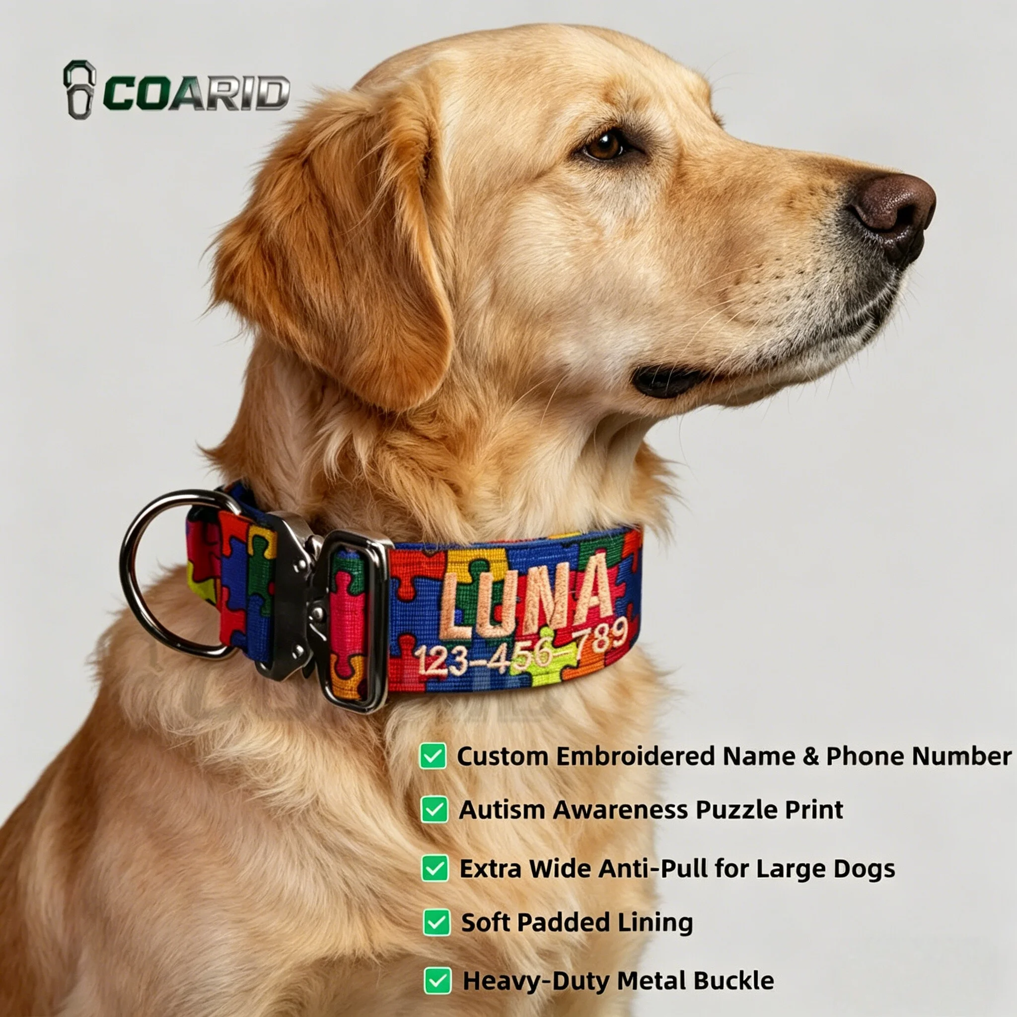 

Personalized Dog Collar with Custom Name & Phone, Anti-Lost Embroidered Pet ID Collar, Colorful Puzzle Design for All Breeds