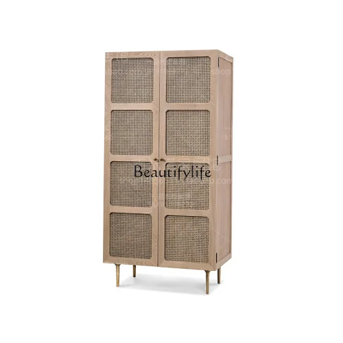 

American creative rattan solid wood wardrobe Nordic small apartment bedroom double door old locker