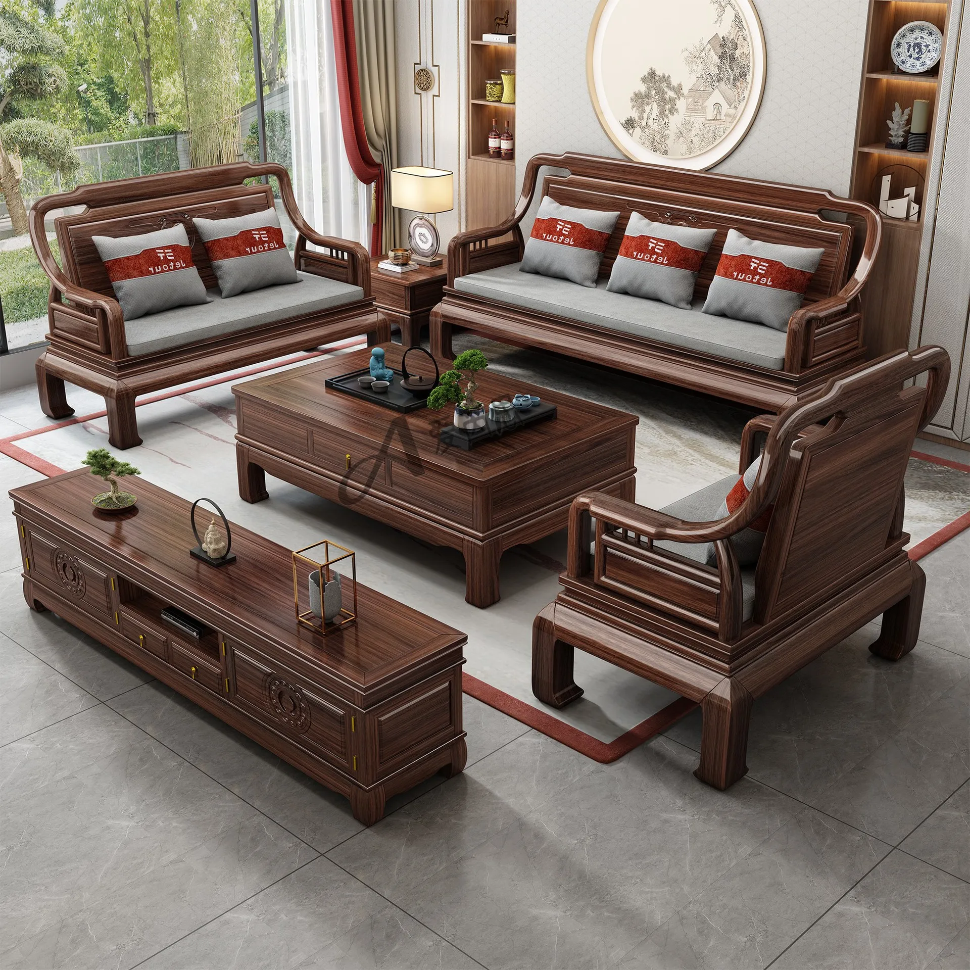 

Ebony all solid wood sofa combination villa large apartment modern simple full set of living room furniture