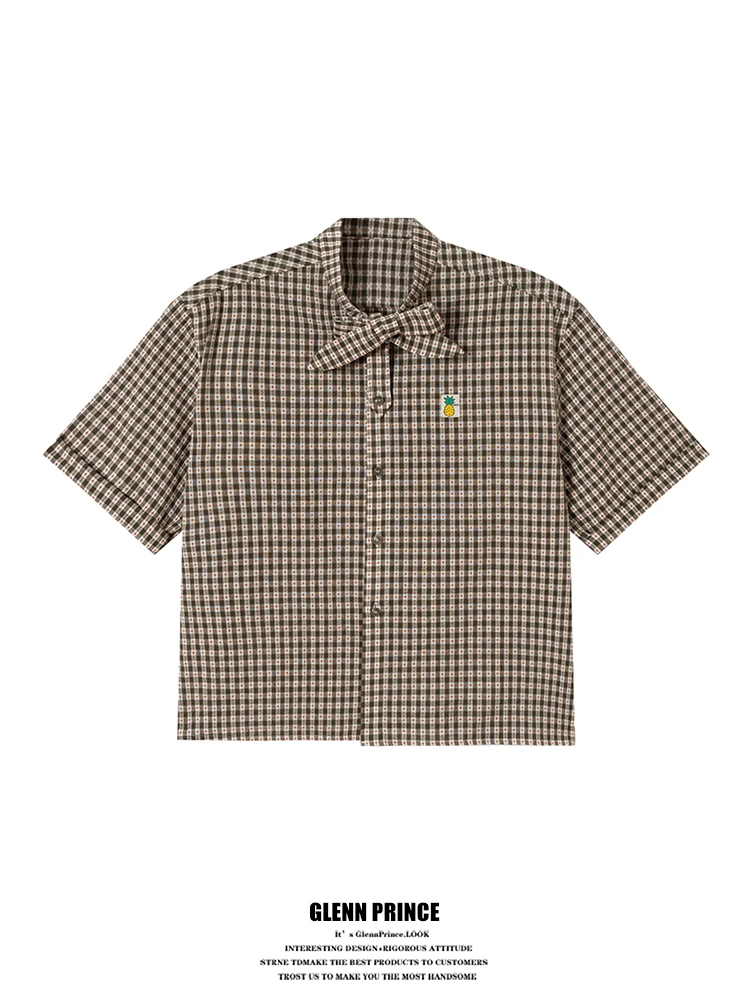 

GPstudio Vintage Plaid Short Sleeve Shirt Men's Summer Design Elegant Tie-Collar Loose Fit Breathable Cotton Polyester Blend