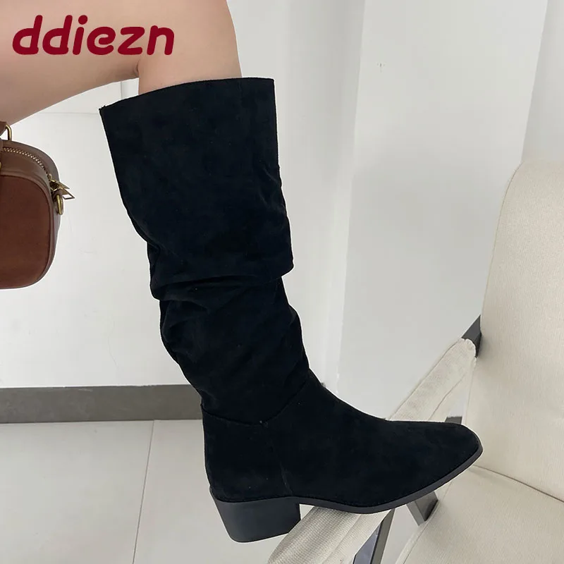 

2025 Большой размер 43, женские слипоны, современные женские сапоги до колена, модные женские длинные сапоги из флока на квадратном каблуке