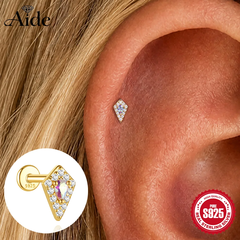 AIDE 925 Sterling Silver Kite Stone Colorful CA Zircon For Women Cartilage Helix Flat Back Piercing Earrings Dainty Party Gifts