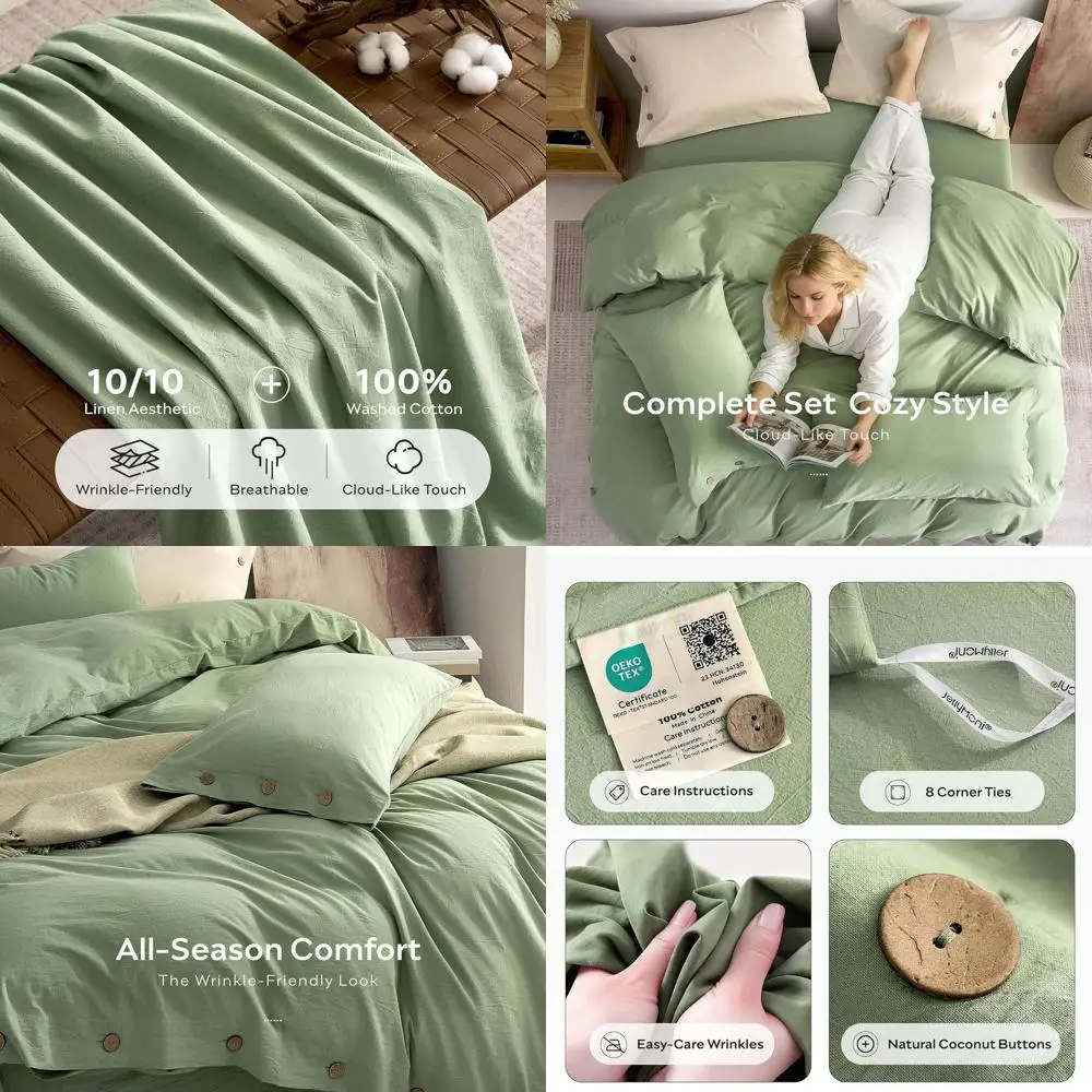 

Комплект пододеяльников Twin Size из 100% хлопка с эффектом стирки - дышащий, с естественной мятой жаткой текстурой, на пуговицах, мятно-зеленый, 68x90