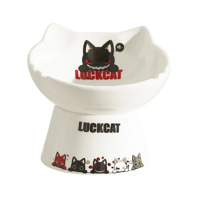 Luckcat Cat Bowl Ceramic Protective Cervical Spine Drinking Bowl Cute Oblique Mouth Anti-Tumble Pet Rice Bowl Cat Food Basin