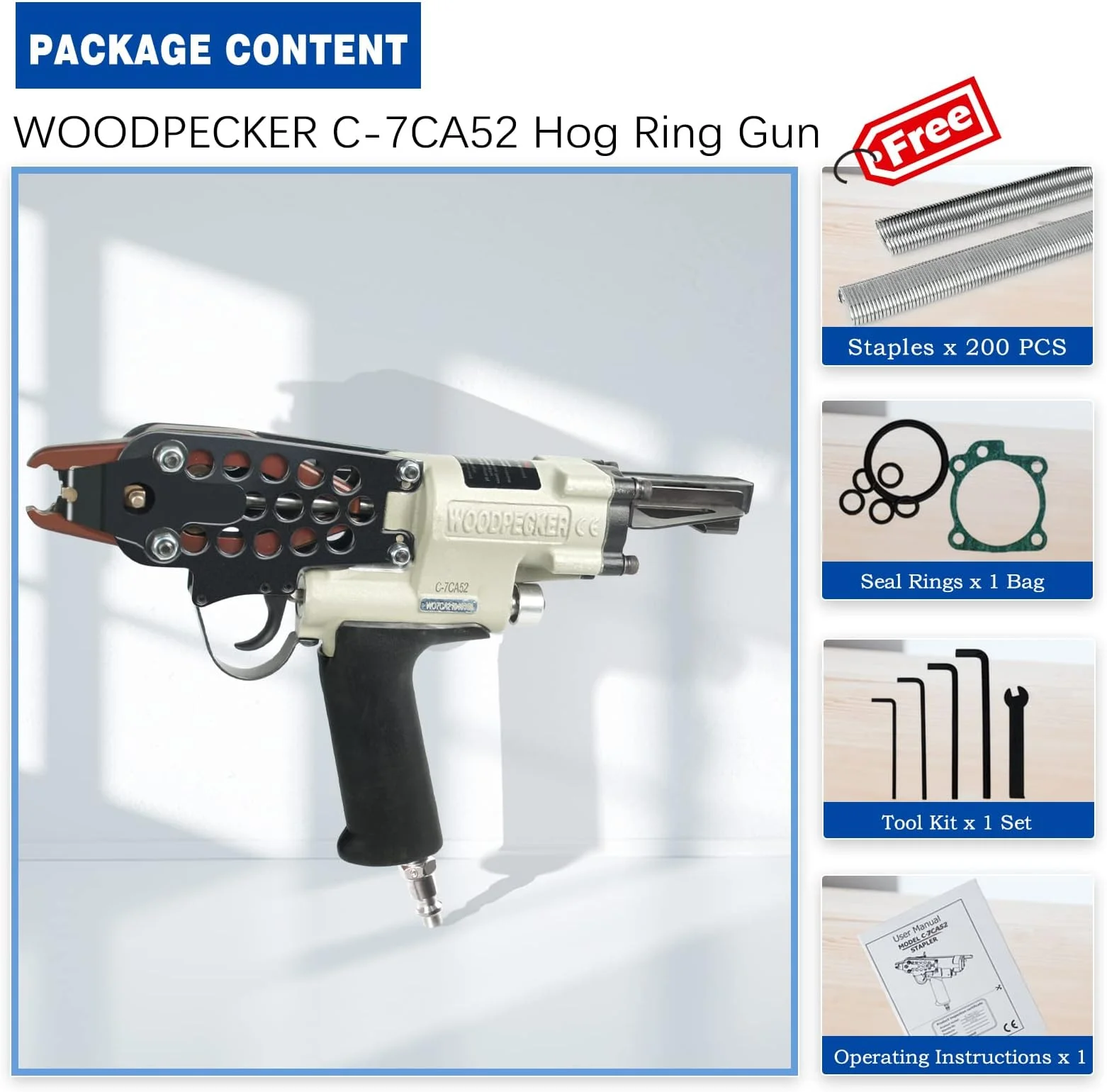 WOODPECKER C-7CA 15 Guage 3/4-Inch Hog Ring Gun, 4.8mm to 5.2mm Closing Dia. Pneumatic Hog Ring Plier Tool SC7C