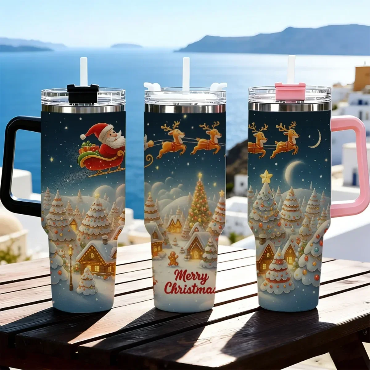 40oz Christmas Santa Reindeer Winter Village Print Stainless Steel Tumbler With Handle Straw Lid 24 Hours Cold Insulated Travel Cup