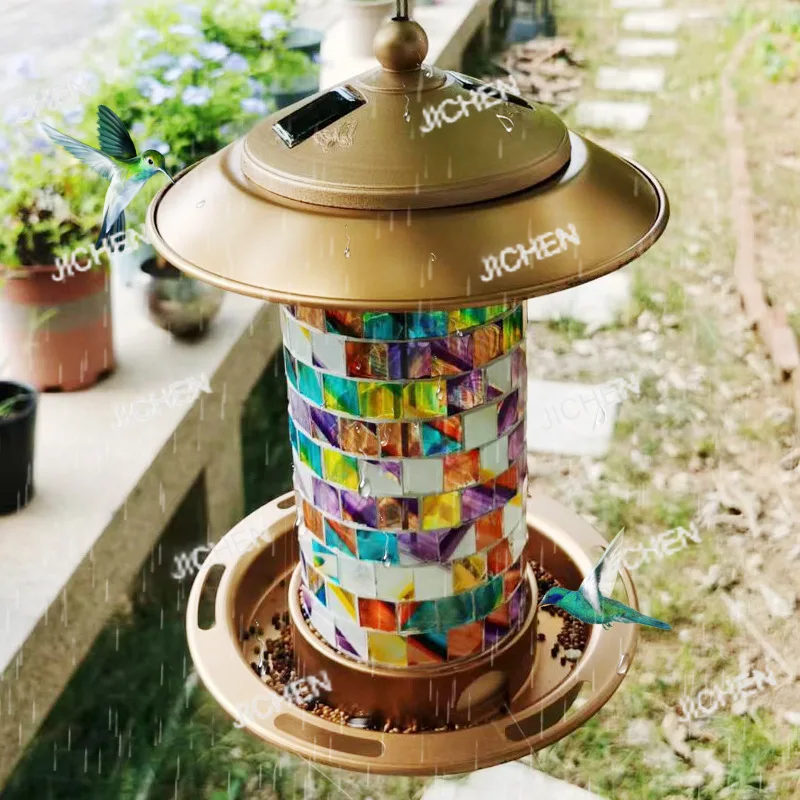

Уличная подвесная солнечная кормушка для птиц, садовое освещение, кованая железная коробка для корма для птиц, мозаичная кормушка для колибри