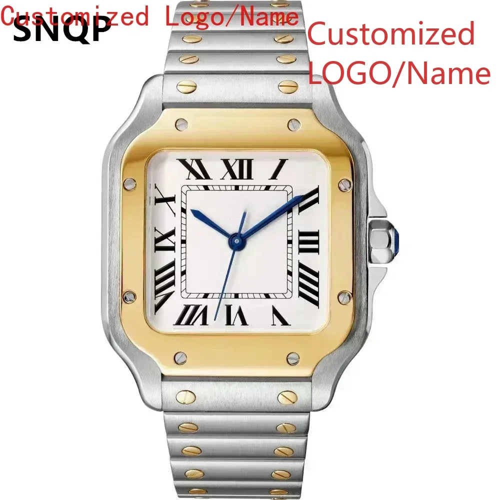 للجنسين أسود أبيض الروماني التلقائي الميكانيكية الرجال النساء ووتش الذهب الحافة الفولاذ المقاوم للصدأ الجلود الفرقة حسب الطلب #2