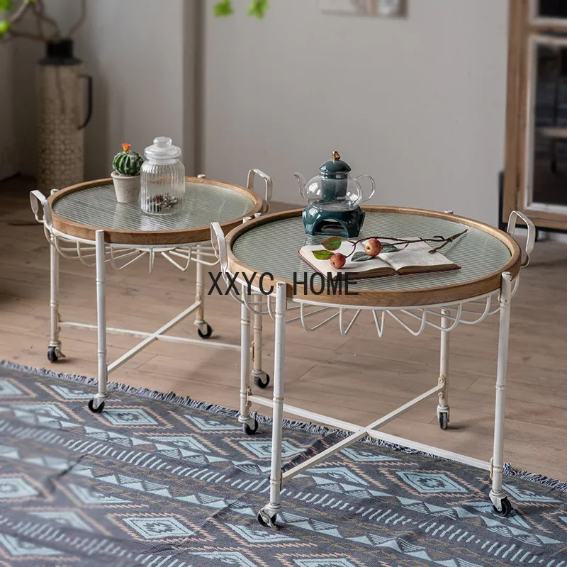 

Стол-трансформер круглый передвижной, приставной столик из кованого железа