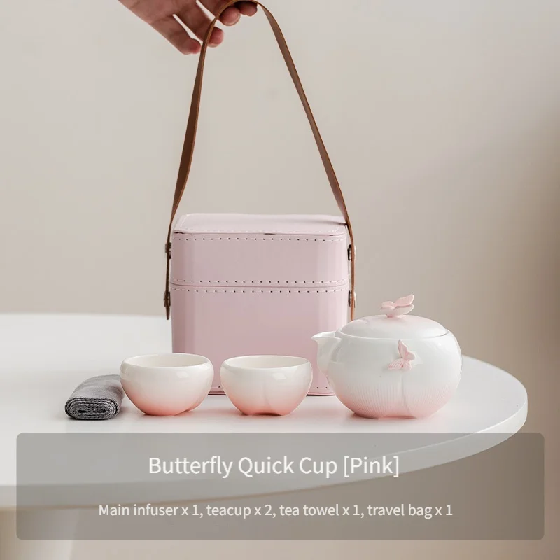 Juego de té en forma de mariposa con bolsa de almacenamiento, tetera de cerámica portátil para acampar, adecuada para uso exterior, viajes y hogar
