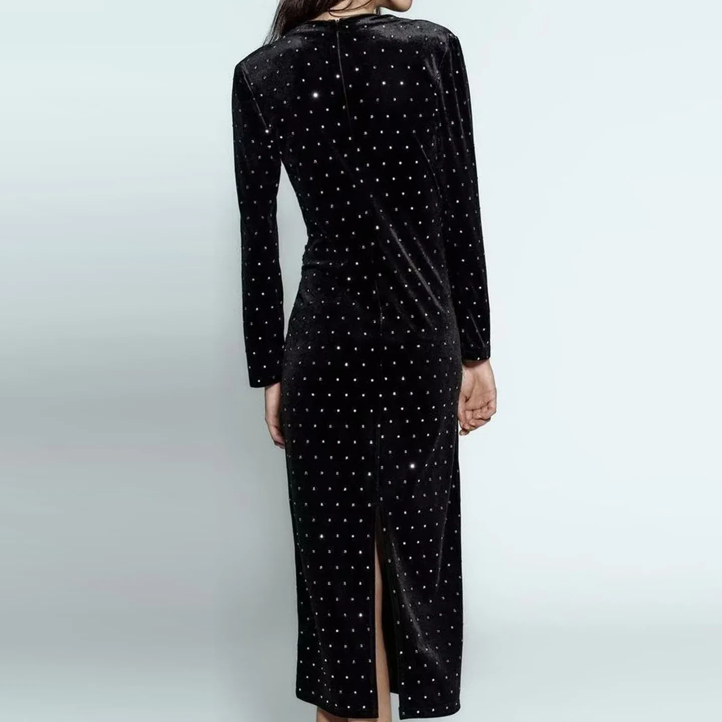 Faionable Midi Dr Z Women's 2025 New Sle Versatile iny Bead Decorated Commute A-Line Dr Long Sve round Ne