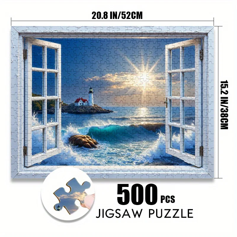 Puzzle en papier 500/1000 pièces, vue de fenêtre de phare de coucher de soleil de rêve, grand jeu familial interactif, résistant aux rayures, idée