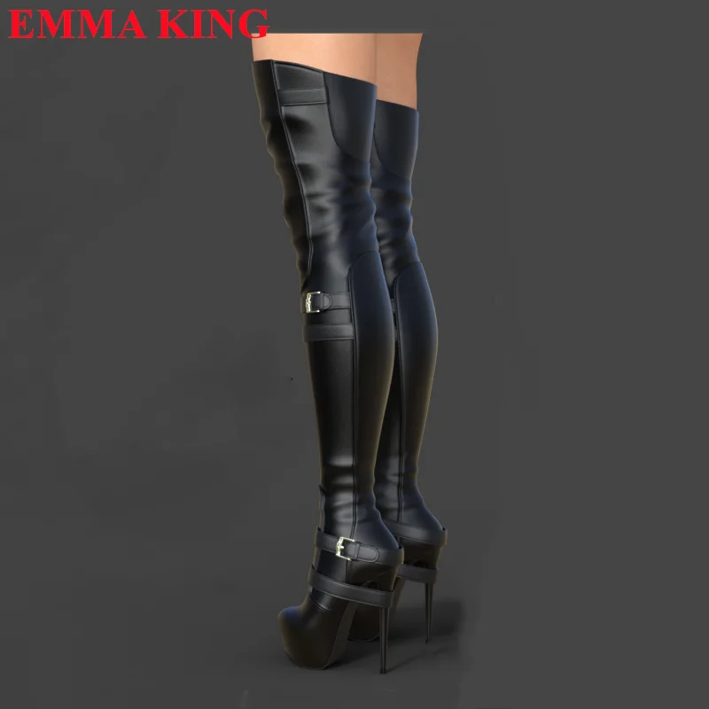 

Sexy Super High Heels Thigh High Boots Women Platform Over The Knee Boots Belt Buckle Long Boots Black White Party Shoes Women