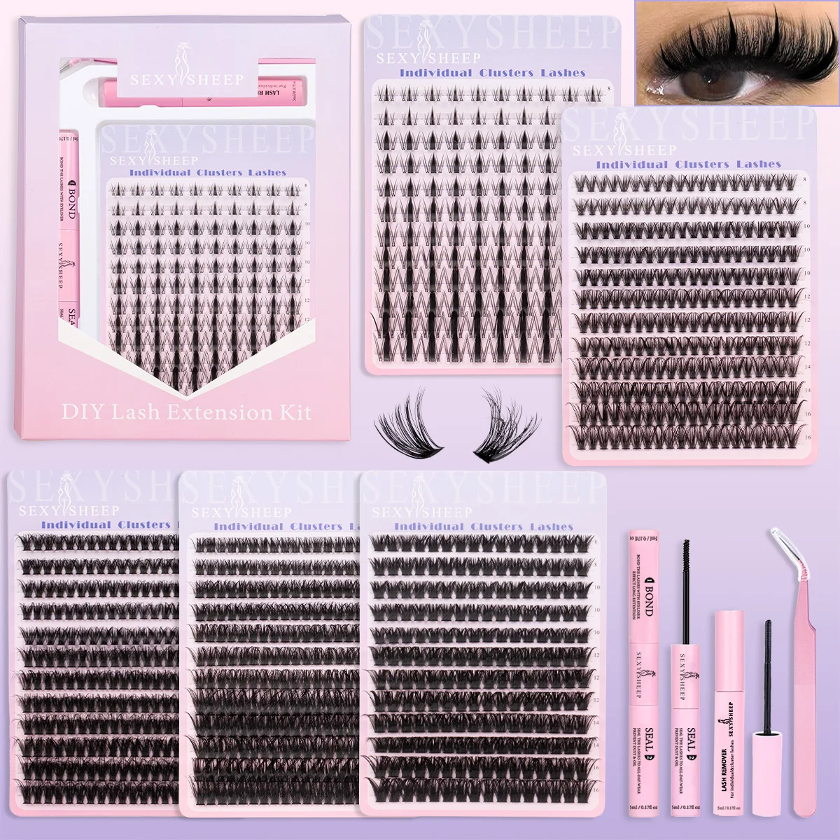 DIY Wimpernverlängerungsset, 8–16 mm, Mischung aus weichem Nerz, einzelne Wimpern, Cluster, natürliche Wimpernverlängerung mit Bindung und Siegel-Make-up