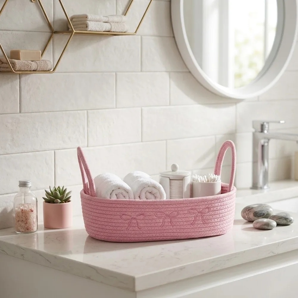 Cotton Rope Basket with Handle for Bathroom Storage on For Toilet Tank Top or Vanity for Towels For Toilet Paper and More