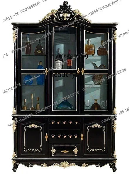 

European style solid wood wine cabinet ebony color with glass door American style light luxury three door four door living room