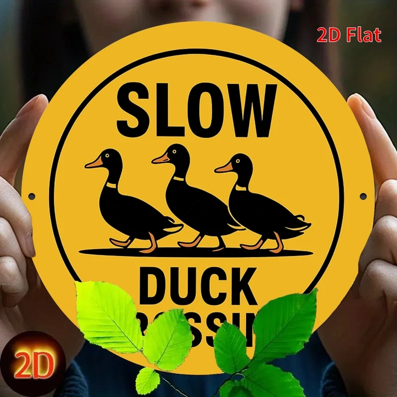 Slow Duck Crossing Round Metal Tin Sign 2D Flat Road Warning Wall Plaque For Home Decor
