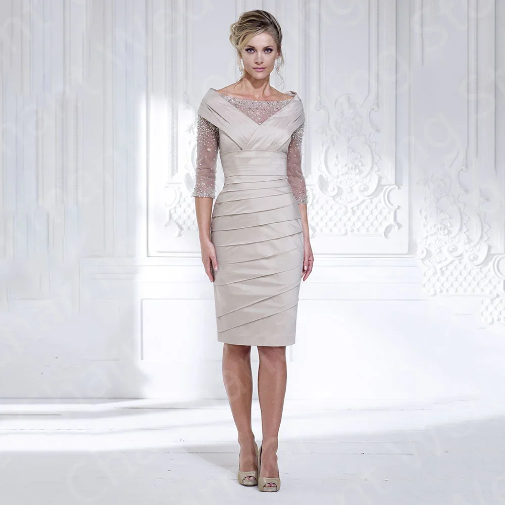 Latest Unique Knee Length Mother of the Bride Dresses Short Beading   3/4 Sleeves Wedding Guest Dress Bateau Neck