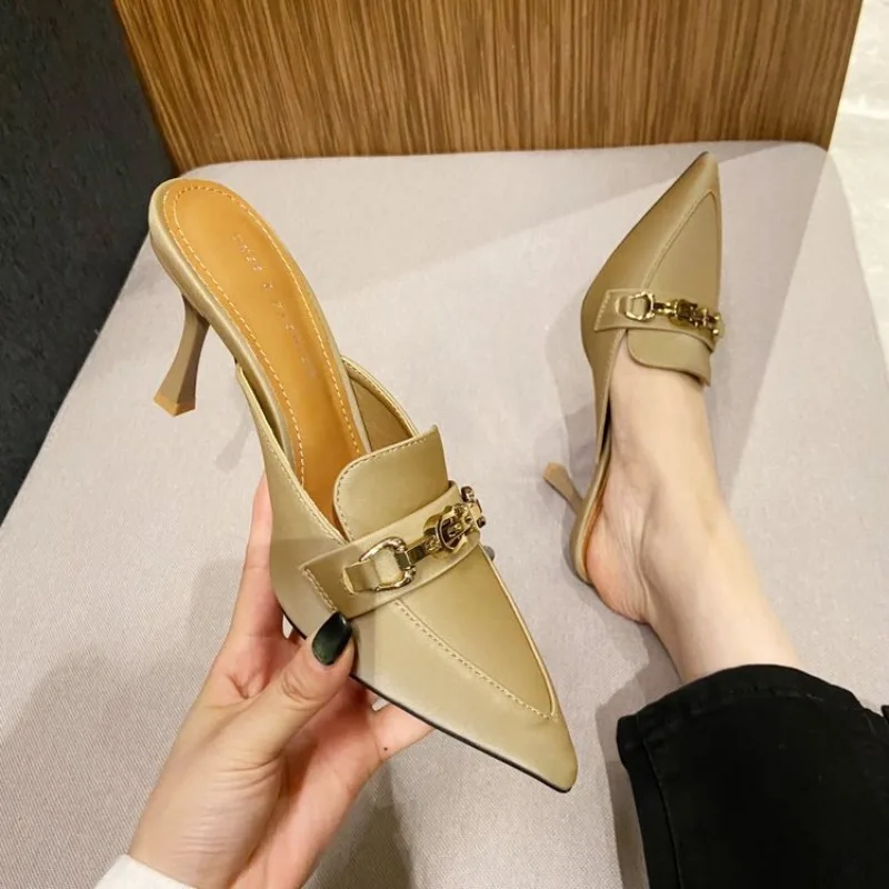 2024 New Snake Print Woman Pumps Slipper Fashion Gold Chain Sandal Shoes Ladies Pointed Toe Slip on Mules Thin Low Heels Slides