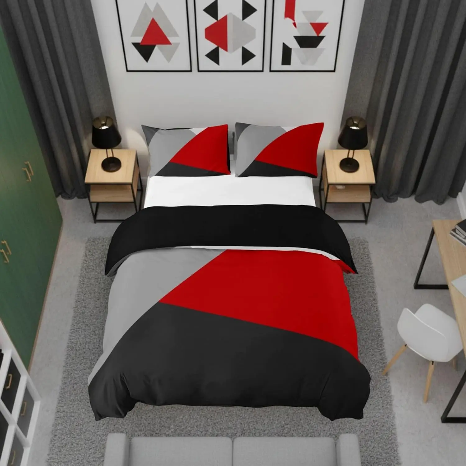Red Black Gray Single Duvet Cover Set With 1 Pillowcase Geometric Bedding Set Modern Simple Pattern For Boys Men