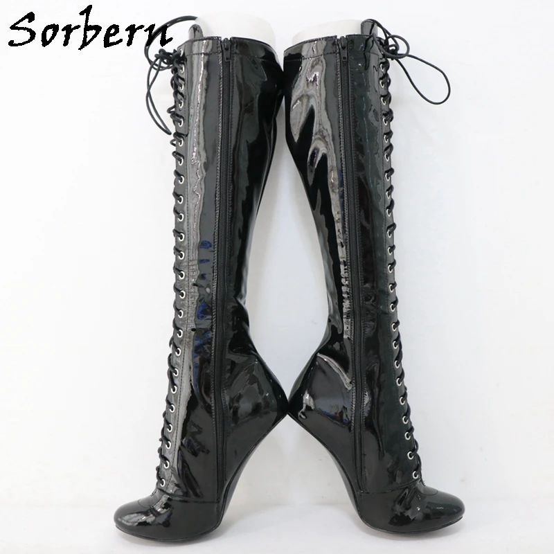 Sorbern Real Leather Heelless Vintage Ronde Neus Laarzen Burlesque Knie Hoge Hoge Boog Schoenen Brede Been Stiletto Black Matt Boot