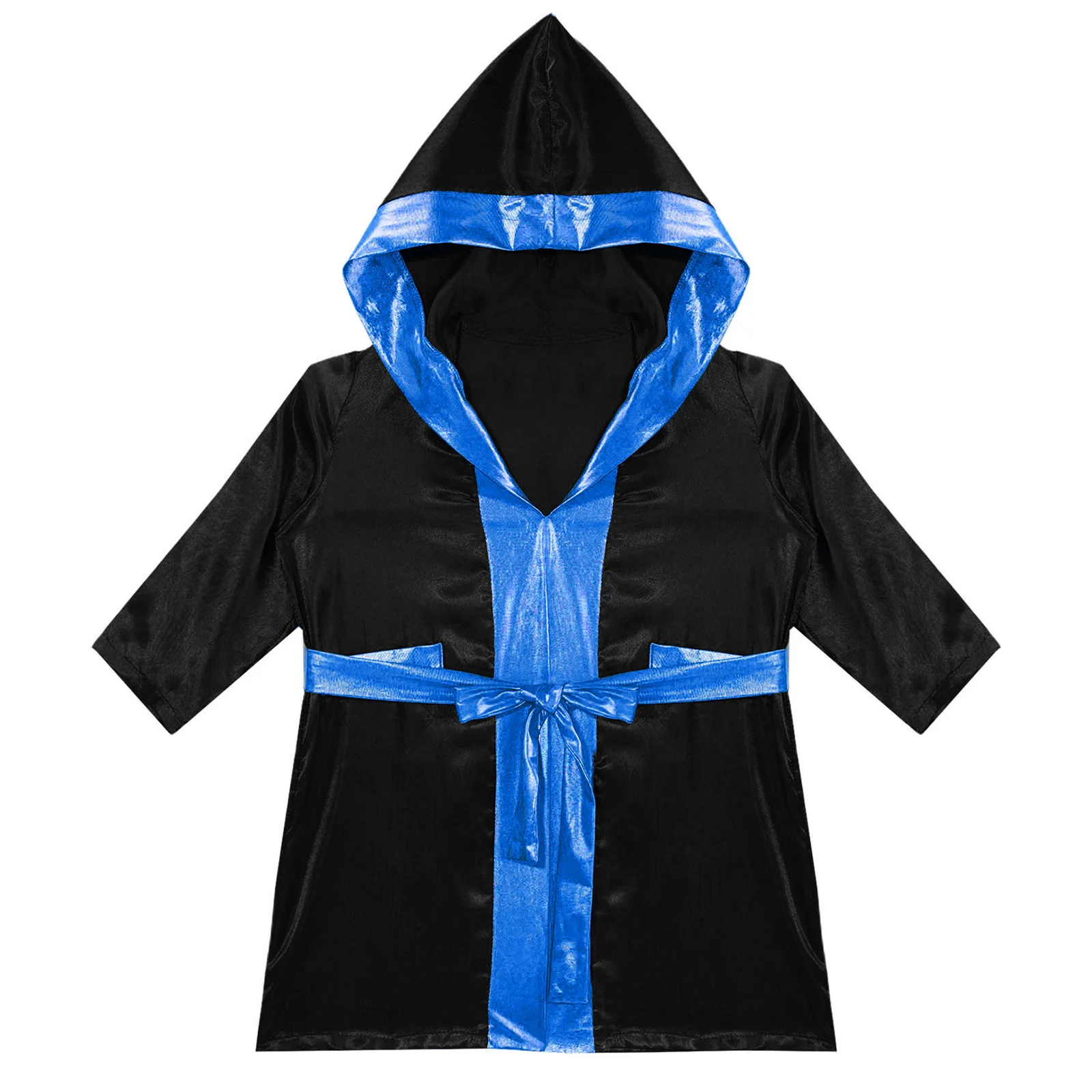 Boys Boxing Clothes Long Sleeve Metallic Satin Cardigan Hooded Cloak Robe with Belt Halloween Carnival Boxer Cosplay Costume