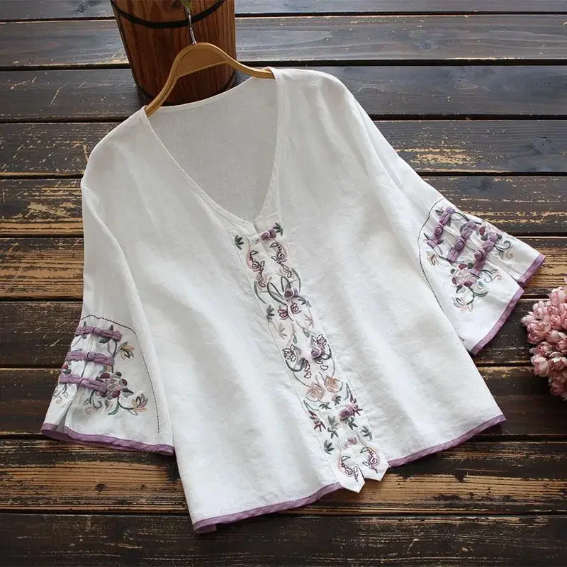 Summer Chinese Style Clothing Women Clothes Cheongsam Top Chinese Traditional Shirt Blouse Cotton Linen  Hanfu Ladies CY210