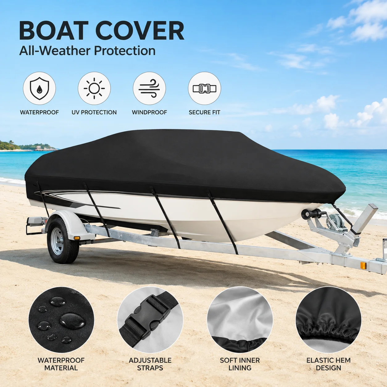 Hochleistungs-Bootsabdeckung 11-22FT Schwarz 190T Polyester PU-beschichtet Wasserdicht UV-beständig Schutz für V-Rumpf Angelboot Ski Bass Speedboot