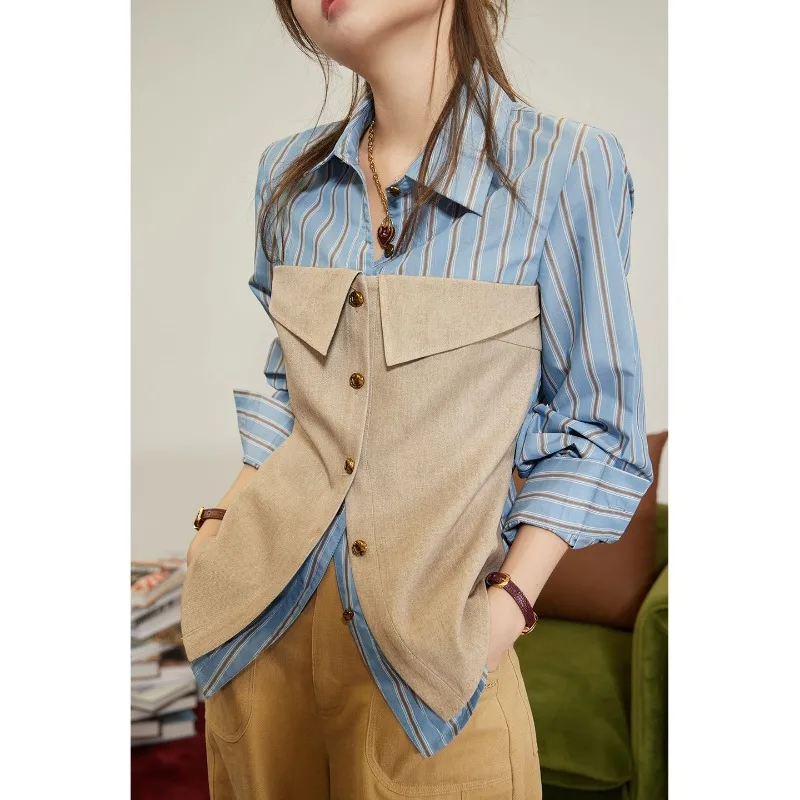 Women's Clothing Early Autumn Retro Girdle Stitching Vertical Pattern Long-sleeved Cardigan Shirt