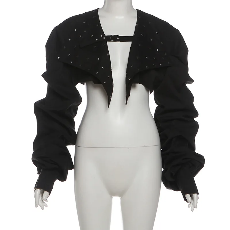 Gothic Y2K Streetwear Black Cropped Jacket Women Rivet Studded Puff Sleeve Cut Out Buckle Strap Slim Fit Sexy Clubwear Outfit